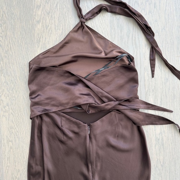Retrofete Ester Halter Satin Maxi Dress Chocolate Brown Tie Open Back - SMALL - Picture 9 of 12